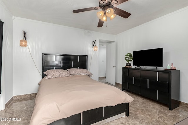 bedroom with crown molding and ceiling fan