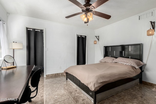 bedroom with crown molding and ceiling fan