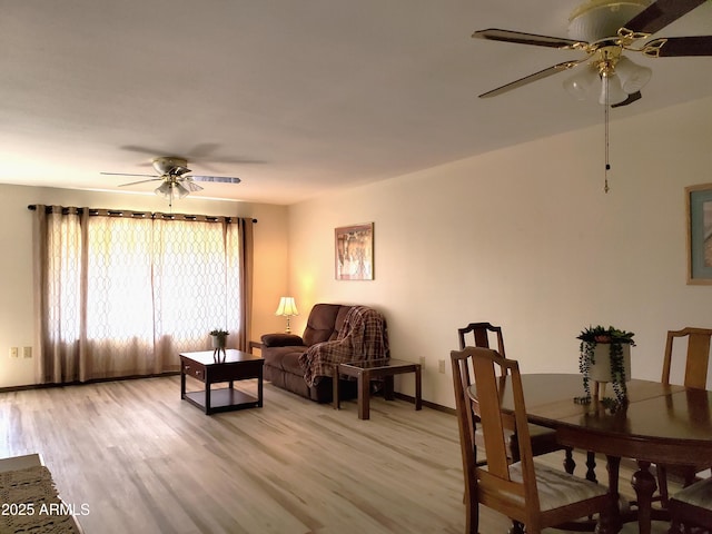 dining room featuring ceiling fan and light hardwood / wood-style floors