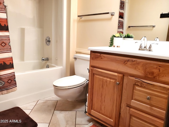 full bathroom with vanity, shower / bath combo, tile patterned floors, and toilet