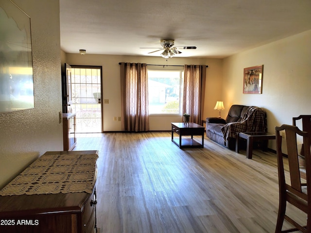 living room featuring ceiling fan, wood-type flooring, and a healthy amount of sunlight