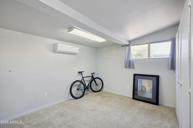 basement with light carpet and an AC wall unit