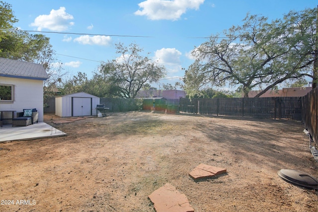 view of yard featuring a storage unit