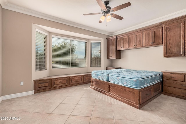 tiled bedroom featuring crown molding and ceiling fan