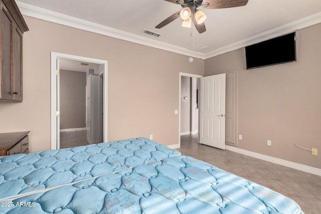 bedroom with ornamental molding, light tile patterned flooring, and ceiling fan