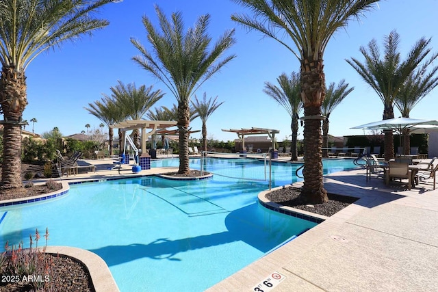 view of pool featuring a patio area and a pergola