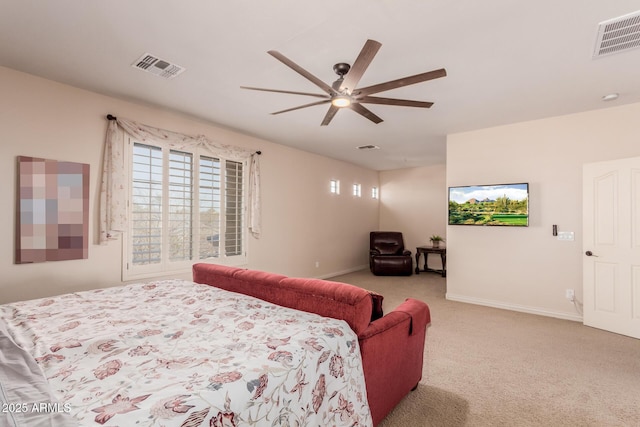 carpeted bedroom with ceiling fan