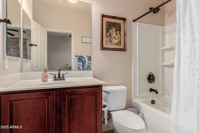 full bathroom featuring toilet, vanity, and shower / bath combination with curtain