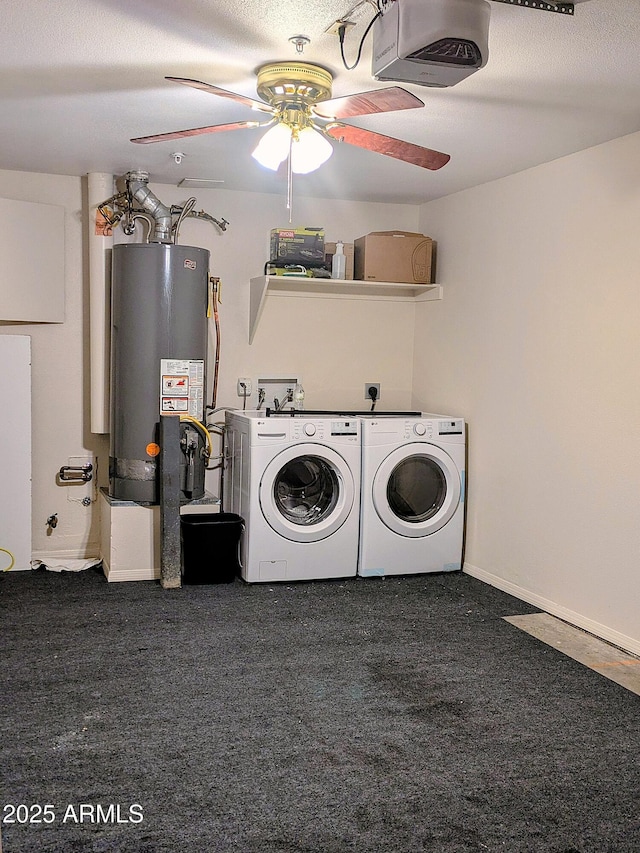 washroom with gas water heater, independent washer and dryer, ceiling fan, and dark colored carpet