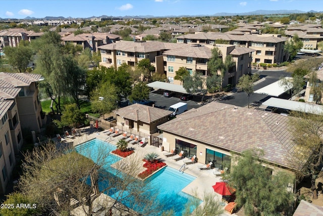 aerial view featuring a residential view and a mountain view