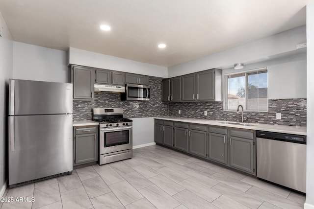 2936 E Beck Ln, Phoenix, AZ 85032 - kitchen featuring a sink, light countertops, gray cabinetry, and stainless steel appliances