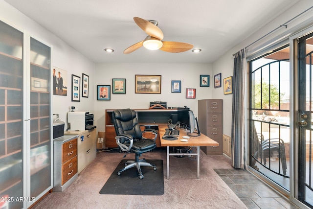 office featuring recessed lighting and ceiling fan