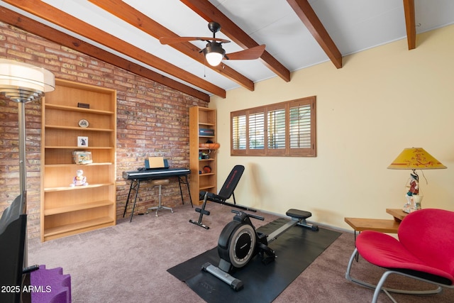 workout area featuring ceiling fan, brick wall, lofted ceiling, and carpet floors