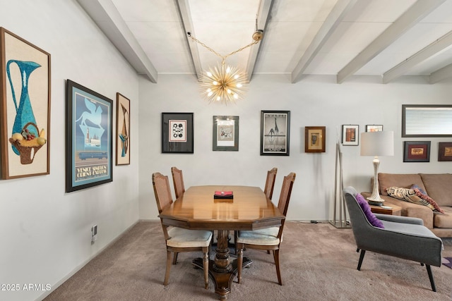 carpeted dining space featuring an inviting chandelier and beamed ceiling