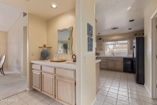 bathroom featuring visible vents, a textured ceiling, recessed lighting, tile patterned flooring, and vanity