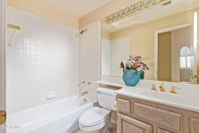 full bath with bathtub / shower combination, toilet, vanity, and visible vents