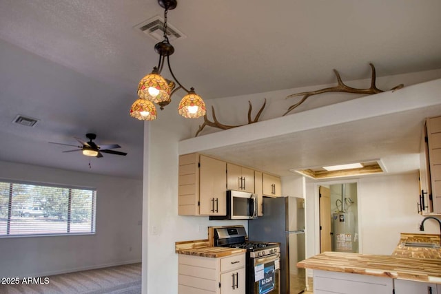 813 N Glenrosa Blvd, Taylor, AZ 85939 - kitchen with stainless steel appliances, gas water heater, butcher block counters, a sink, and ceiling fan