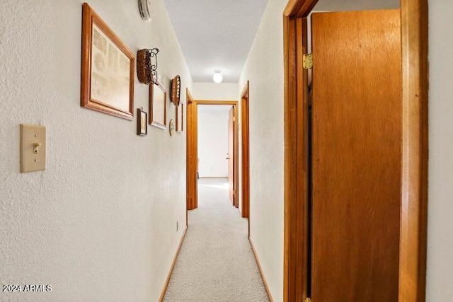 corridor featuring light colored carpet