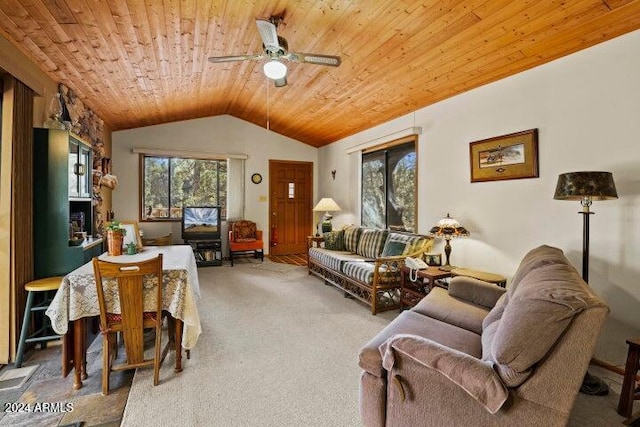 carpeted living room featuring vaulted ceiling, ceiling fan, and wooden ceiling