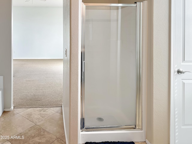 full bathroom featuring tile patterned flooring and a shower stall