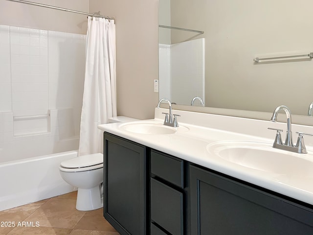 full bath featuring double vanity, toilet, shower / bathtub combination with curtain, and a sink