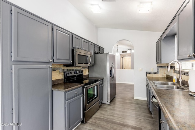 1601 E Cindy St, Chandler, AZ 85225 - kitchen with a sink, gray cabinetry, decorative backsplash, and appliances with stainless steel finishes