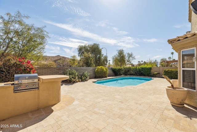 view of swimming pool with a patio, a fenced backyard, area for grilling, exterior kitchen, and a fenced in pool