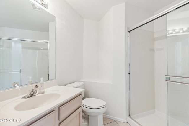 full bathroom with tile patterned flooring, toilet, visible vents, vanity, and a shower stall