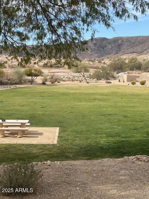 view of property's community featuring a yard and a mountain view