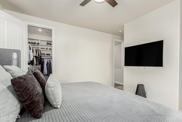 bedroom featuring ceiling fan, a walk in closet, and a closet