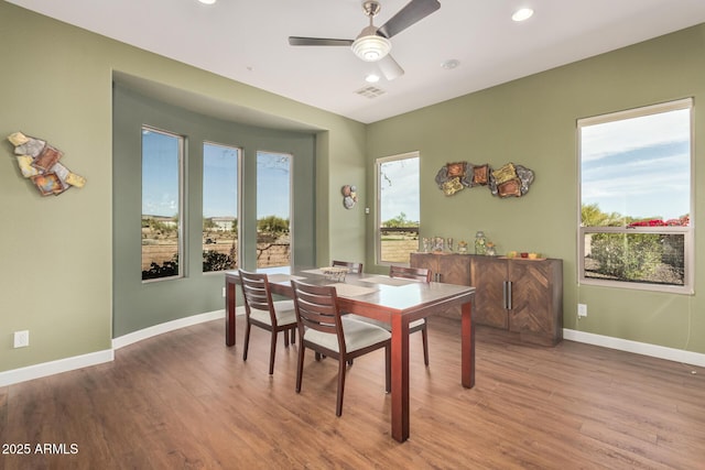 dining space with a healthy amount of sunlight, baseboards, and wood finished floors