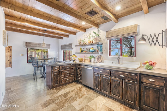 kitchen with beamed ceiling, appliances with stainless steel finishes, light tile patterned floors, wood ceiling, and kitchen peninsula