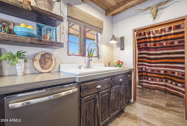 interior space featuring beam ceiling, wood ceiling, tile patterned floors, and vanity