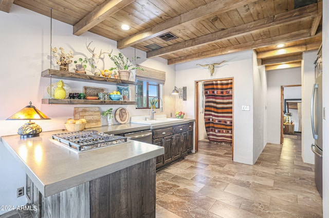 kitchen featuring wood ceiling, beam ceiling, sink, kitchen peninsula, and dark brown cabinets