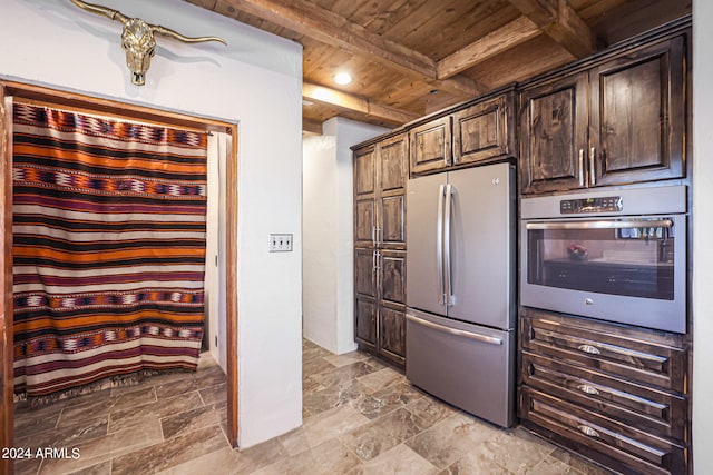 kitchen with wooden ceiling, stainless steel appliances, dark brown cabinets, and beamed ceiling