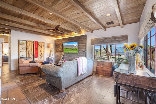 tiled living room with wooden ceiling and beamed ceiling