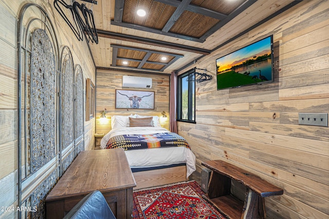 bedroom with wood ceiling, wooden walls, hardwood / wood-style flooring, and a wall unit AC