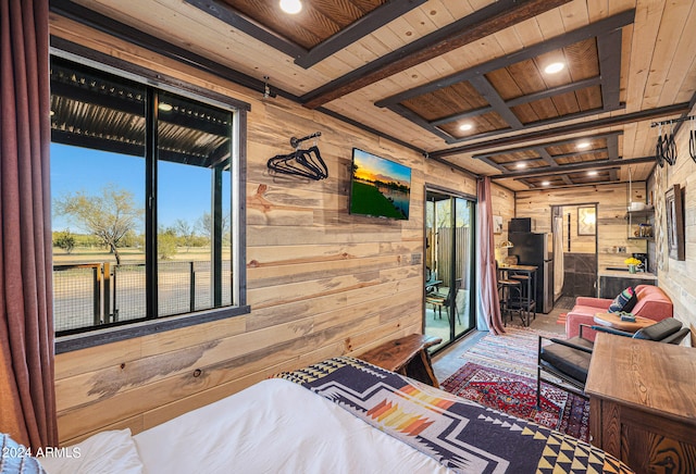 interior space with wooden ceiling, beam ceiling, and wooden walls