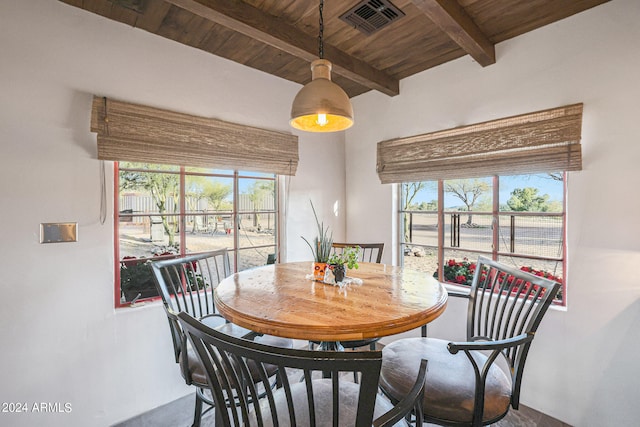 dining area with wooden ceiling, beam ceiling, and a healthy amount of sunlight