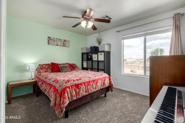 bedroom with carpet, baseboards, visible vents, and a ceiling fan