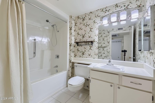 full bathroom with vanity, wallpapered walls, tile patterned floors, shower / tub combo with curtain, and toilet