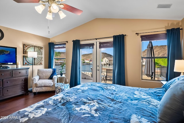 20657 N 56th Ave, Glendale, AZ 85308 - bedroom featuring vaulted ceiling, access to exterior, wood finished floors, french doors, and a ceiling fan