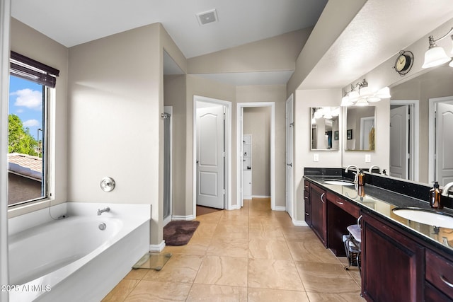 20657 N 56th Ave, Glendale, AZ 85308 - full bath with a bath, double vanity, lofted ceiling, and a shower with shower door
