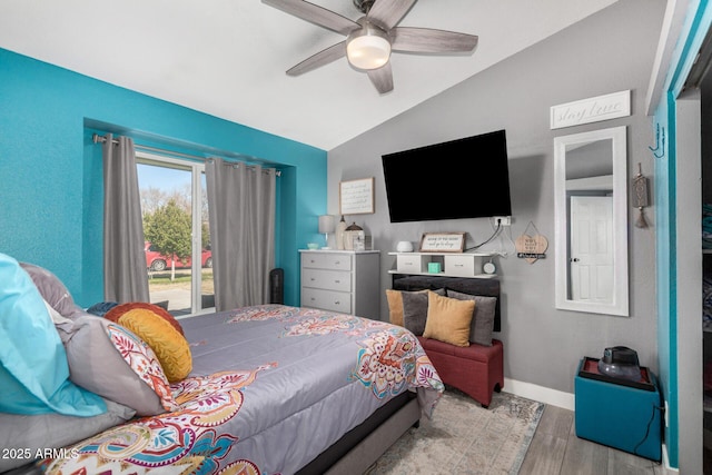 bedroom with ceiling fan and lofted ceiling