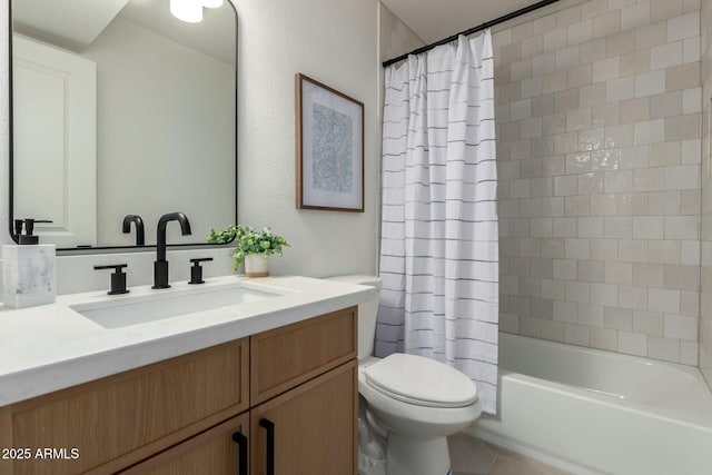 full bathroom with toilet, shower / tub combo, tile patterned flooring, and vanity