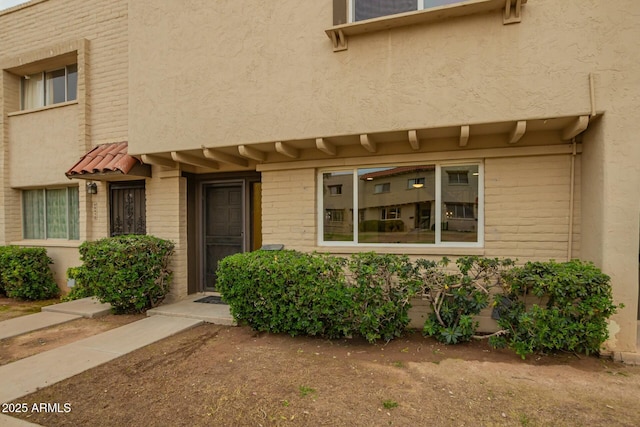 doorway to property featuring brick siding and stucco siding