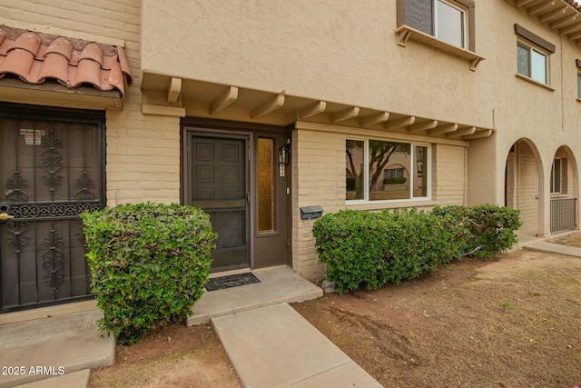 doorway to property featuring stucco siding