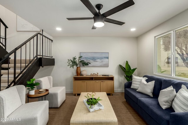 living area featuring stairs, recessed lighting, a ceiling fan, and baseboards