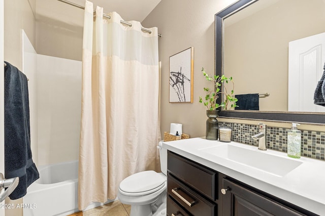 full bath with tasteful backsplash, toilet, shower / tub combo with curtain, vanity, and tile patterned floors