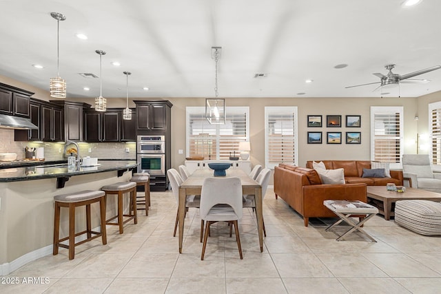dining space with visible vents, recessed lighting, a ceiling fan, and light tile patterned floors